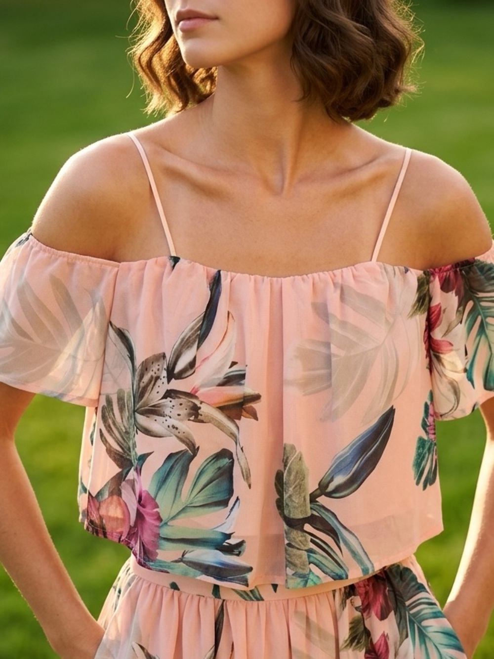 Guess Los Angeles Blush Pink Tropical Off Shoulder Top XS Corset Floral Crop